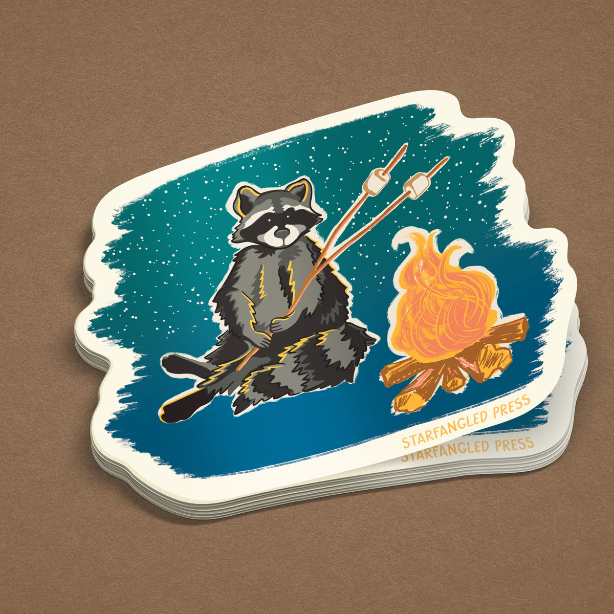 Mallow The Rascal Stickers Marshmallow Roasting Raccoon Sticker – Starfangled Press