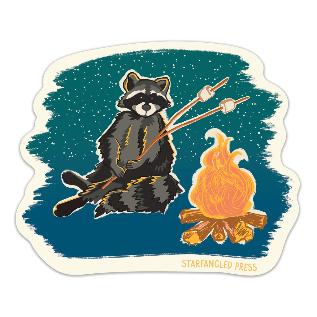 Mallow The Rascal Stickers Marshmallow Roasting Raccoon Sticker – Starfangled Press